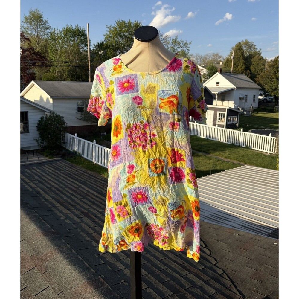 Vintage 90s La Cera Watercolor Floral Boho Mini Sun Shift Dress Sz L